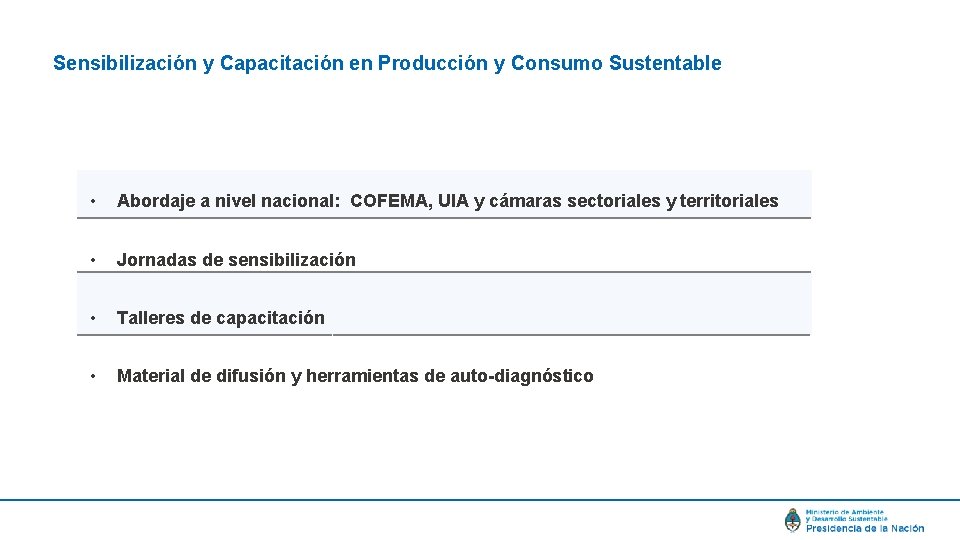 Sensibilización y Capacitación en Producción y Consumo Sustentable • Abordaje a nivel nacional: COFEMA,