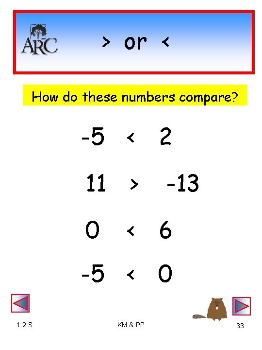> or < How do these numbers compare? -5 < 11 > 0 1.