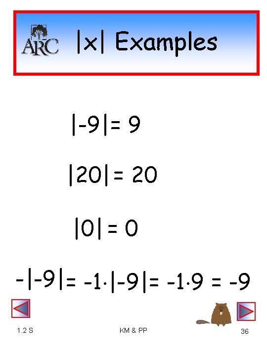 |x| Examples |-9|= 9 |20| = 20 |0| = 0 -|-9| = -1 |-9|=