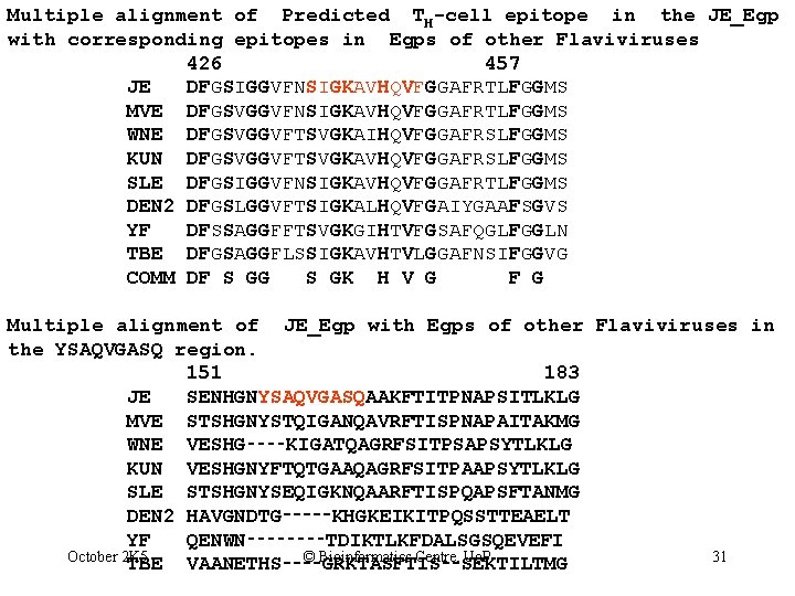 Multiple alignment of Predicted TH-cell epitope in the JE_Egp with corresponding epitopes in Egps