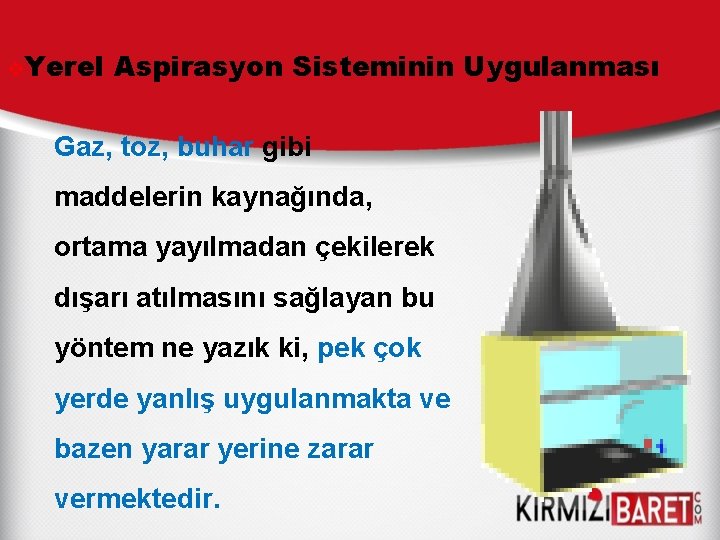 v. Yerel Aspirasyon Sisteminin Uygulanması Gaz, toz, buhar gibi maddelerin kaynağında, ortama yayılmadan çekilerek