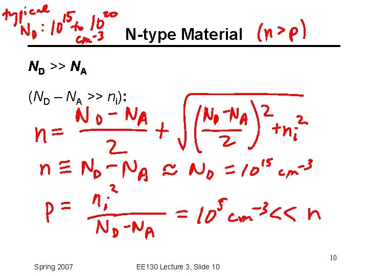 N-type Material ND >> NA (ND – NA >> ni): 10 Spring 2007 EE
