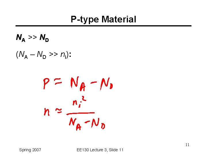 P-type Material NA >> ND (NA – ND >> ni): 11 Spring 2007 EE