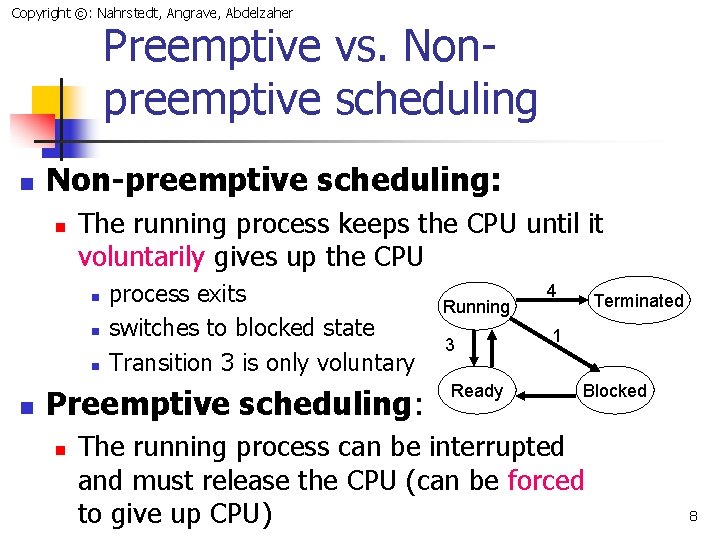 Copyright ©: Nahrstedt, Angrave, Abdelzaher Preemptive vs. Nonpreemptive scheduling n Non-preemptive scheduling: n The