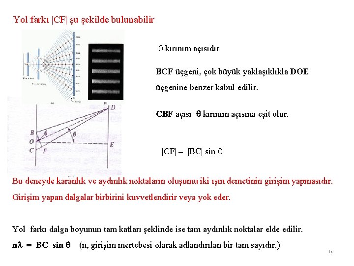 Yol farkı |CF| şu şekilde bulunabilir kırınım açısıdır BCF üçgeni, çok büyük yaklaşıklıkla DOE