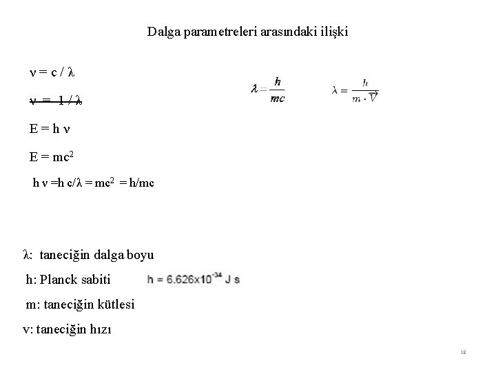 Dalga parametreleri arasındaki ilişki ν=c/λ ν = 1/λ E=hν E = mc 2 h