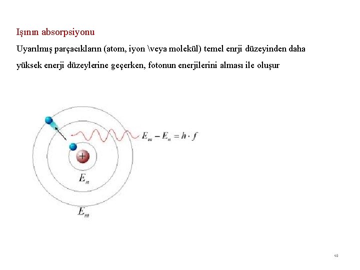 Işının absorpsiyonu Uyarılmış parçacıkların (atom, iyon veya molekül) temel enrji düzeyinden daha yüksek enerji