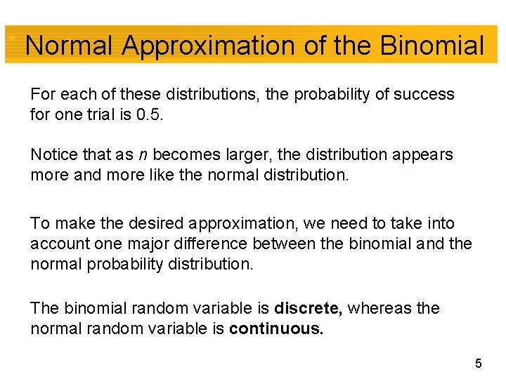 Normal Approximation of the Binomial For each of these distributions, the probability of success