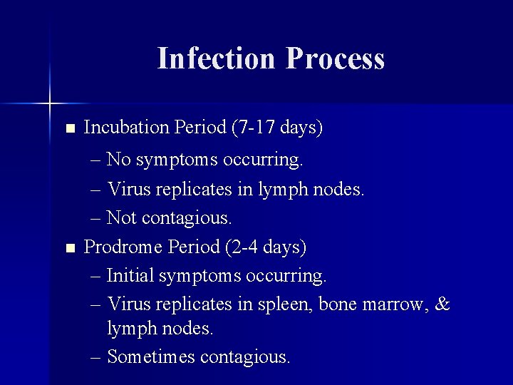 Infection Process n n Incubation Period (7 -17 days) – No symptoms occurring. –