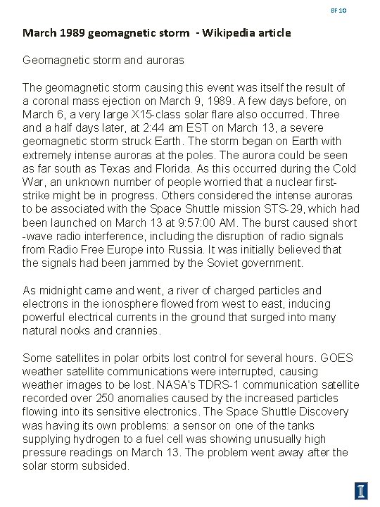 BF 10 March 1989 geomagnetic storm - Wikipedia article Geomagnetic storm and auroras The