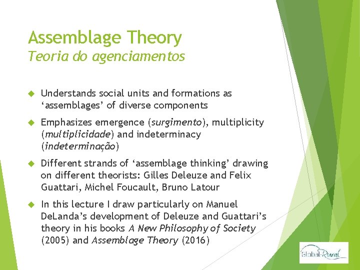 Assemblage Theory Teoria do agenciamentos Understands social units and formations as ‘assemblages’ of diverse