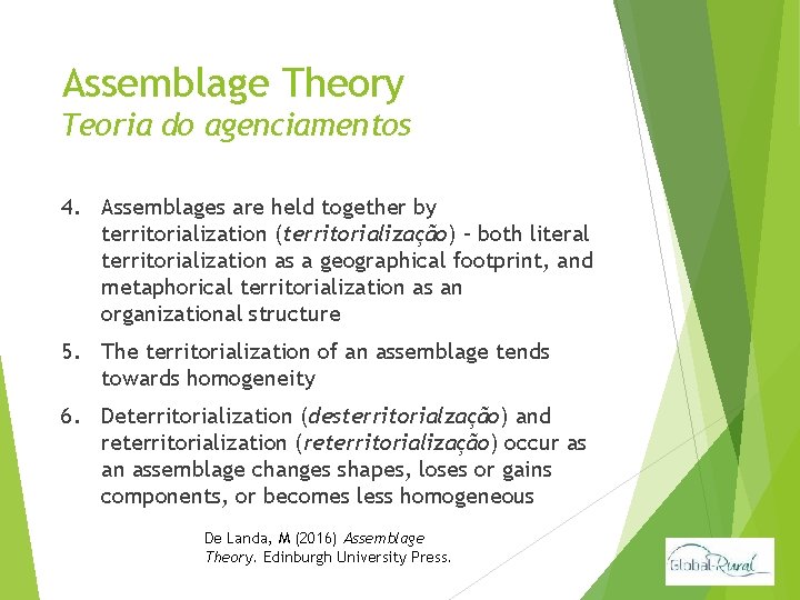 Assemblage Theory Teoria do agenciamentos 4. Assemblages are held together by territorialization (territorialização) –