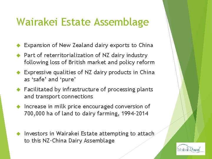 Wairakei Estate Assemblage Expansion of New Zealand dairy exports to China Part of reterritorialization
