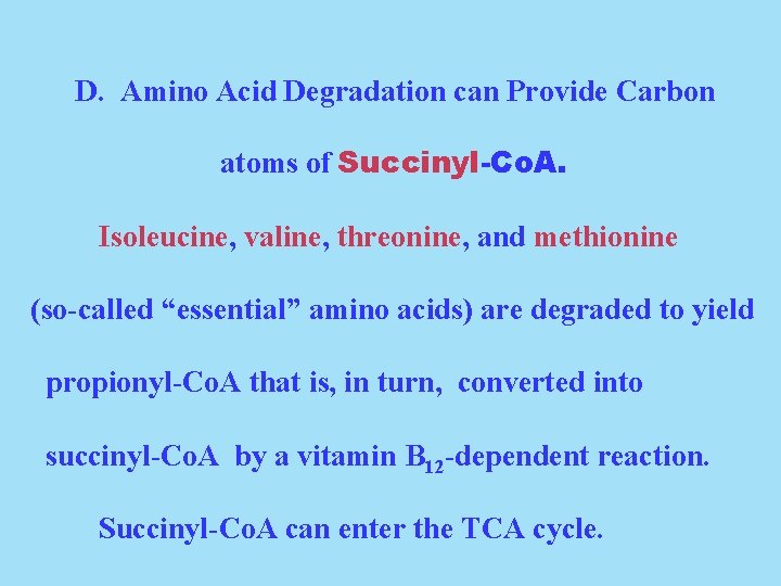 D. Amino Acid Degradation can Provide Carbon atoms of Succinyl-Co. A. Isoleucine, valine, threonine,