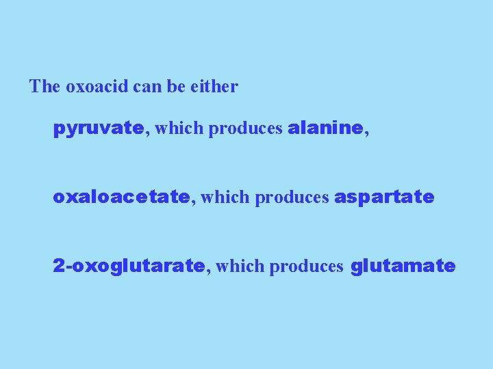 The oxoacid can be either pyruvate, which produces alanine, oxaloacetate, which produces aspartate 2