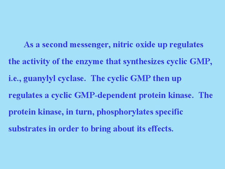 As a second messenger, nitric oxide up regulates the activity of the enzyme that