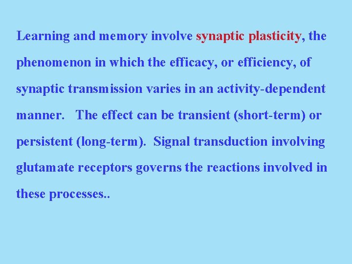 Learning and memory involve synaptic plasticity, the phenomenon in which the efficacy, or efficiency,