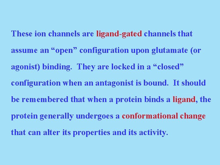 These ion channels are ligand-gated channels that assume an “open” configuration upon glutamate (or