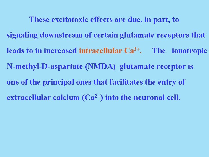 These excitotoxic effects are due, in part, to signaling downstream of certain glutamate receptors