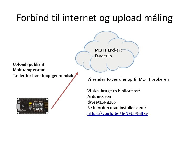 Forbind til internet og upload måling MQTT Broker: Dweet. io Upload (publish): Målt temperatur