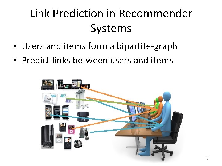 Link Prediction in Recommender Systems • Users and items form a bipartite-graph • Predict