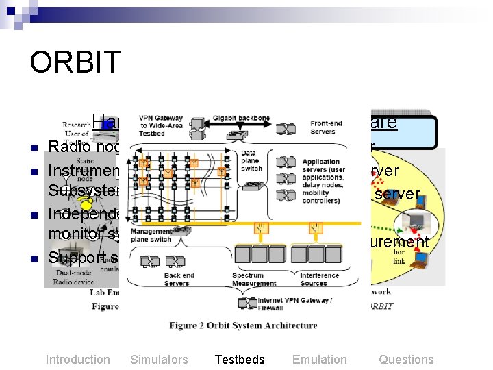 ORBIT Hardware n n Radio nodes Instrumentation Subsystem Independent WLAN monitor system Support servers