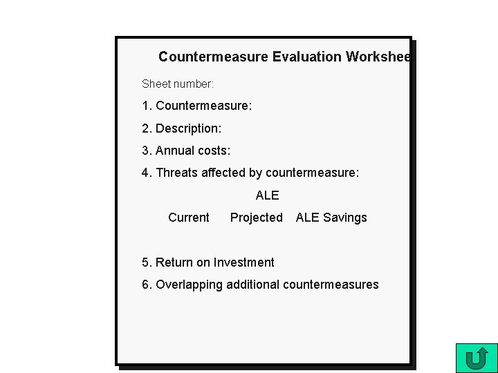Countermeasure Evaluation Worksheet Sheet number: 1. Countermeasure: 2. Description: 3. Annual costs: 4. Threats