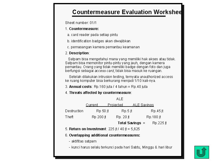 Countermeasure Evaluation Worksheet Sheet number: 01/1 1. Countermeasure: a. card reader pada setiap pintu