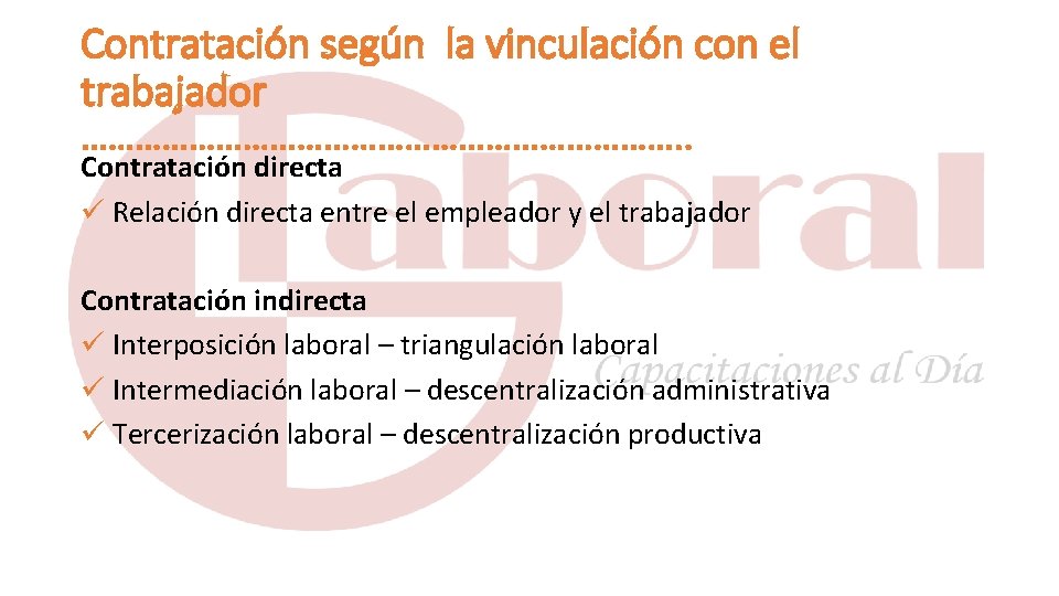 Contratación según la vinculación con el trabajador ……………………………. . Contratación directa Relación directa entre