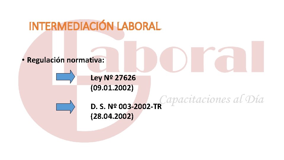 INTERMEDIACIÓN LABORAL • Regulación normativa: Ley Nº 27626 (09. 01. 2002) D. S. Nº