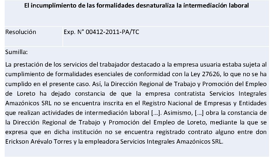 El incumplimiento de las formalidades desnaturaliza la intermediación laboral Resolución Exp. N° 00412 -2011