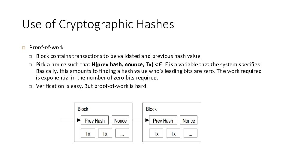 Use of Cryptographic Hashes Proof-of-work Block contains transactions to be validated and previous hash