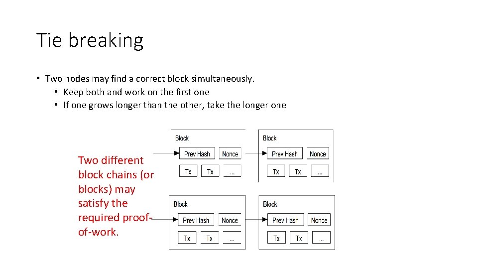 Tie breaking • Two nodes may find a correct block simultaneously. • Keep both