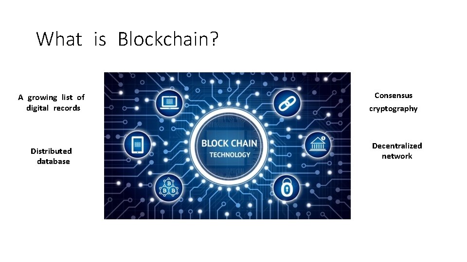 What is Blockchain? A growing list of digital records Distributed database Consensus cryptography Decentralized