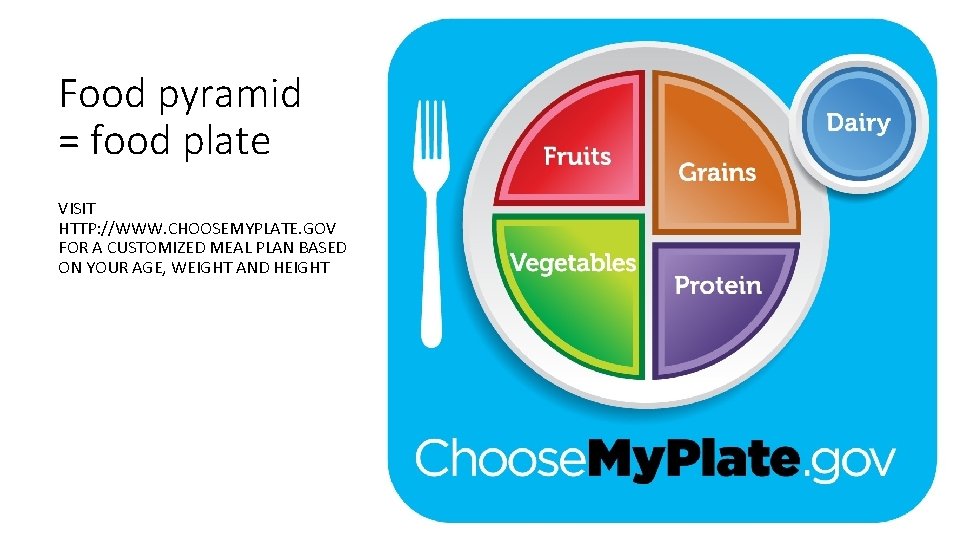 Food pyramid = food plate VISIT HTTP: //WWW. CHOOSEMYPLATE. GOV FOR A CUSTOMIZED MEAL