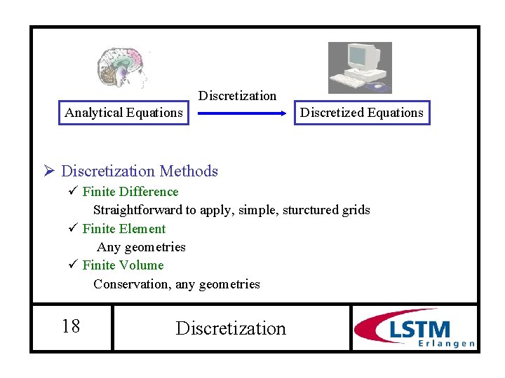 Discretization Analytical Equations Discretized Equations Ø Discretization Methods ü Finite Difference Straightforward to apply,