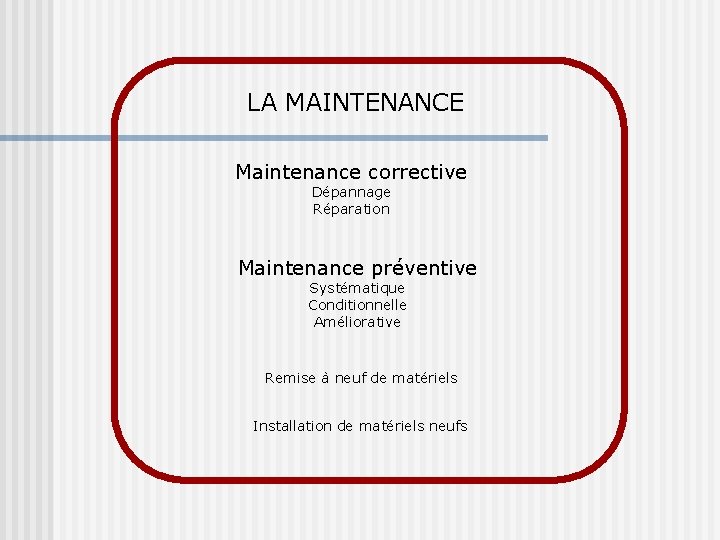 LA MAINTENANCE Maintenance corrective Dépannage Réparation Maintenance préventive Systématique Conditionnelle Améliorative Remise à neuf