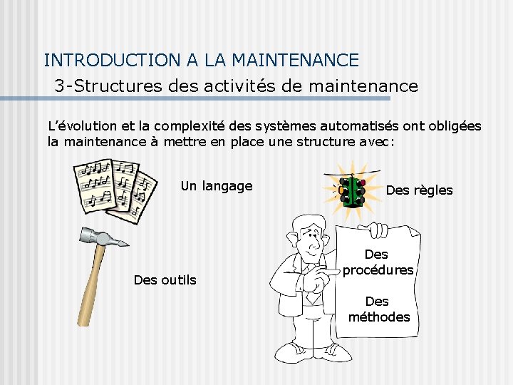INTRODUCTION A LA MAINTENANCE 3 -Structures des activités de maintenance L’évolution et la complexité