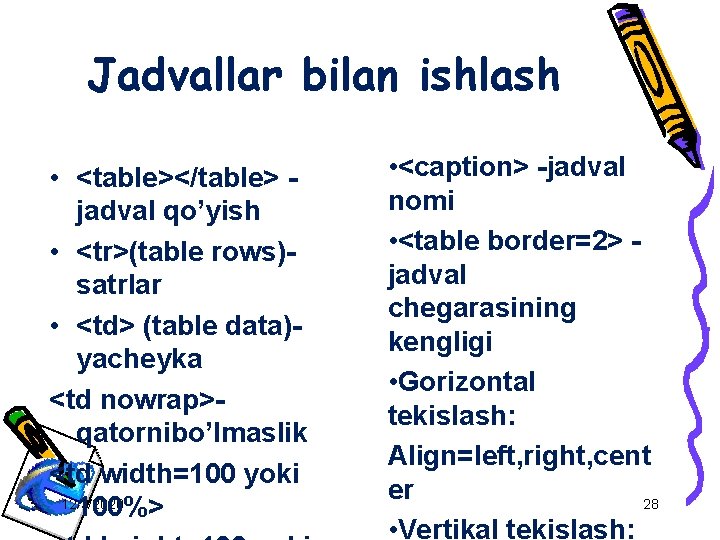 Jadvallar bilan ishlash • <table></table> jadval qo’yish • <tr>(table rows)satrlar • <td> (table data)yacheyka