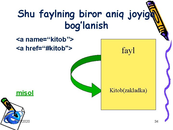 Shu faylning biror aniq joyiga bog’lanish <a name=“kitob”> <a href=“#kitob"> misol 12/3/2020 fayl Kitob(zakladka)