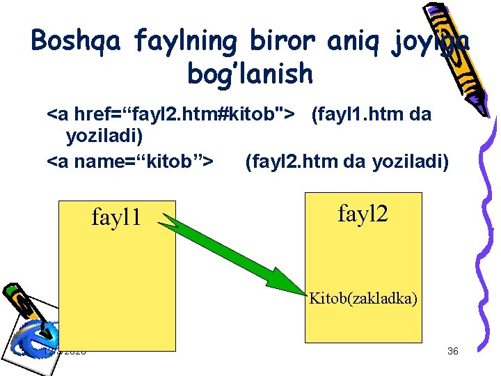 Boshqa faylning biror aniq joyiga bog’lanish <a href=“fayl 2. htm#kitob"> (fayl 1. htm da