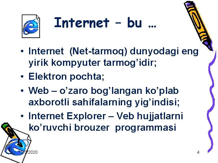Internet – bu … • Internet (Net-tarmoq) dunyodagi eng yirik kompyuter tarmog’idir; • Elektron