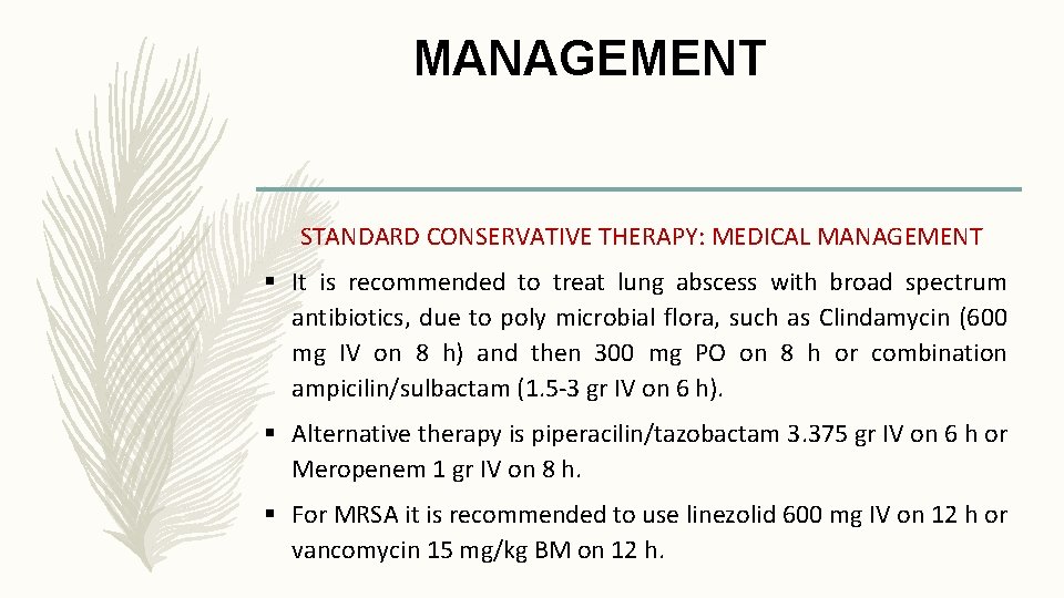 MANAGEMENT STANDARD CONSERVATIVE THERAPY: MEDICAL MANAGEMENT § It is recommended to treat lung abscess