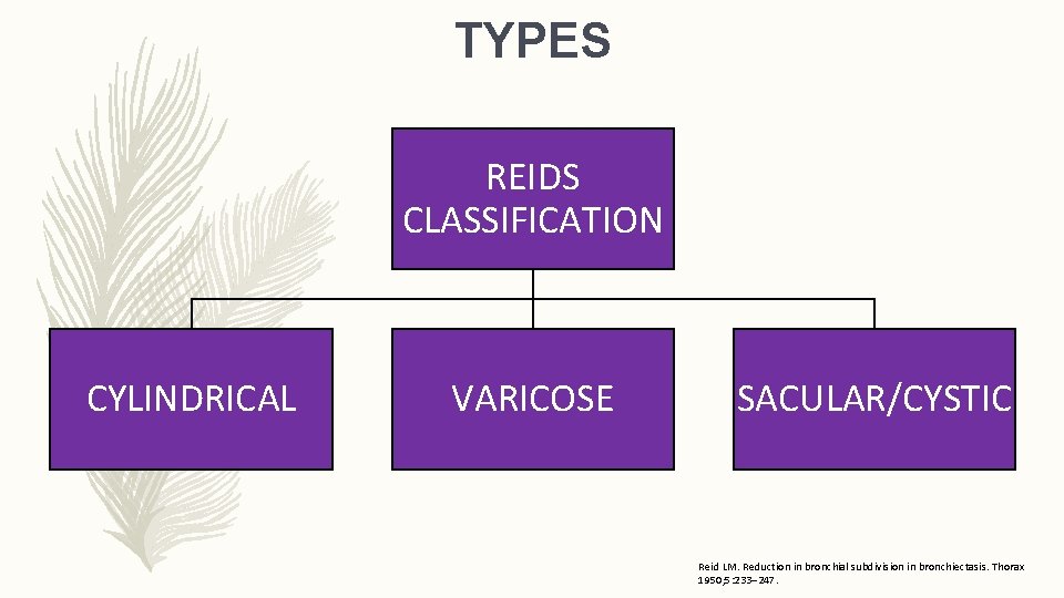 TYPES REIDS CLASSIFICATION CYLINDRICAL VARICOSE SACULAR/CYSTIC Reid LM. Reduction in bronchial subdivision in bronchiectasis.