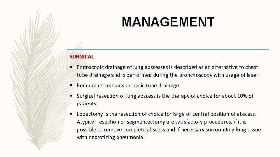 MANAGEMENT SURGICAL § Endoscopic drainage of lung abscesses is described as an alternative to