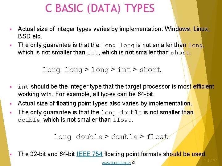 C BASIC (DATA) TYPES Actual size of integer types varies by implementation: Windows, Linux,