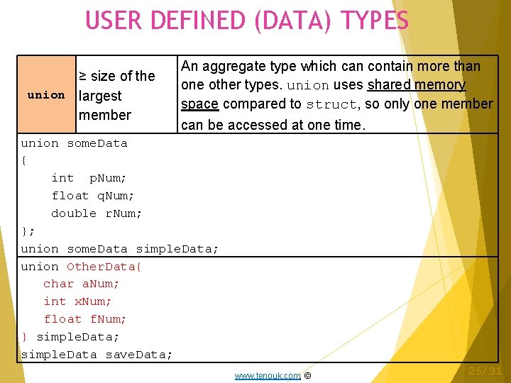 USER DEFINED (DATA) TYPES ≥ size of the union largest member An aggregate type