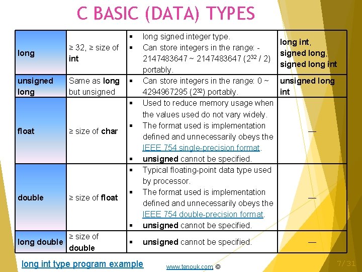 C BASIC (DATA) TYPES long ≥ 32, ≥ size of int long signed integer