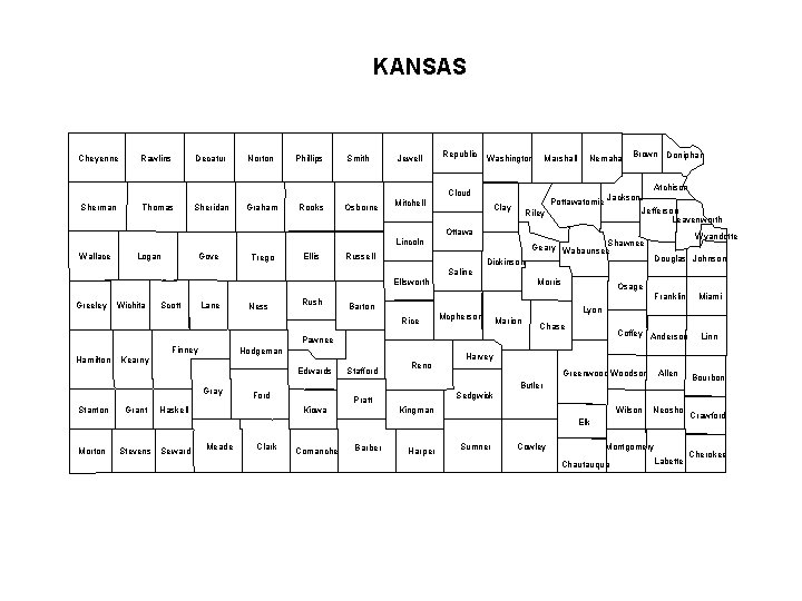 KANSAS Cheyenne Rawlins Decatur Norton Phillips Smith Jewell Republic Washington Marshall Thomas Sheridan Graham