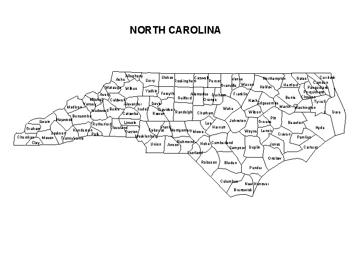 NORTH CAROLINA Alleghany Currituck Camden Hertford Halifax Watauga Wilkes Pasquotank Yadkin Perquimans Forsyth Alamance